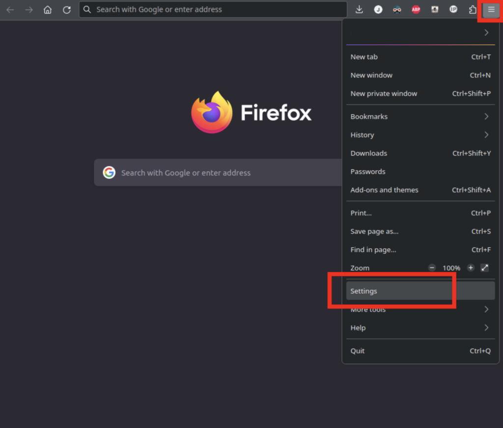 Opening Firefox settings