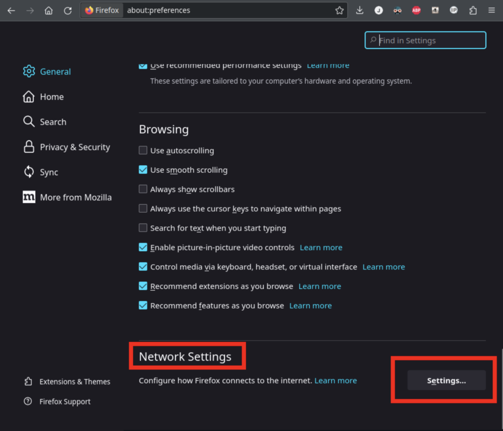 Navigating to network settings in Firefox
