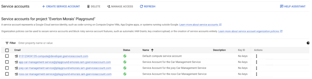 Screen grab of Service accounts for the dev environment and both custom stacks