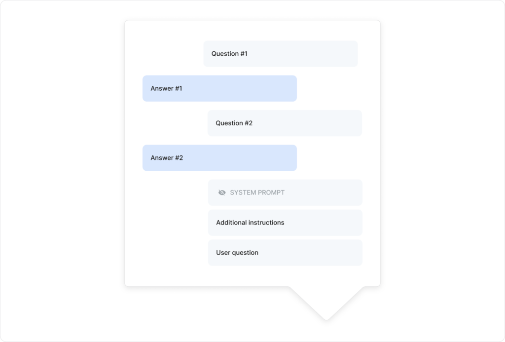 Chatbot interface showing a sequence of questions and answers with a second system prompt for GenAI.