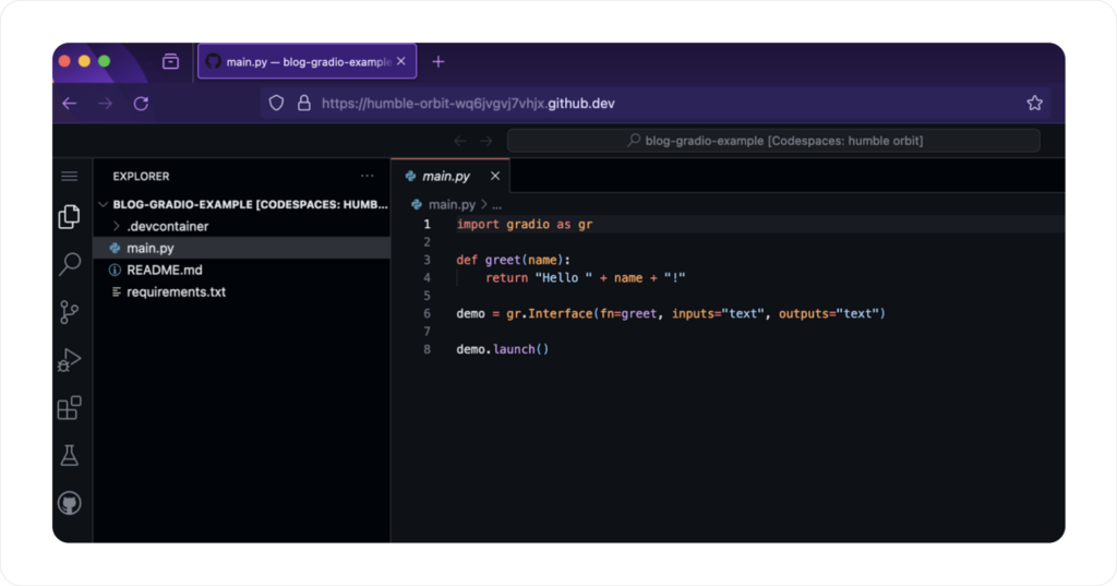 Step 7: Browser view of GitHub Codespace with Python code file open