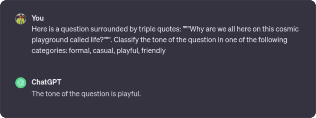 Chatbot interface showing tone classification of a question as playful.
